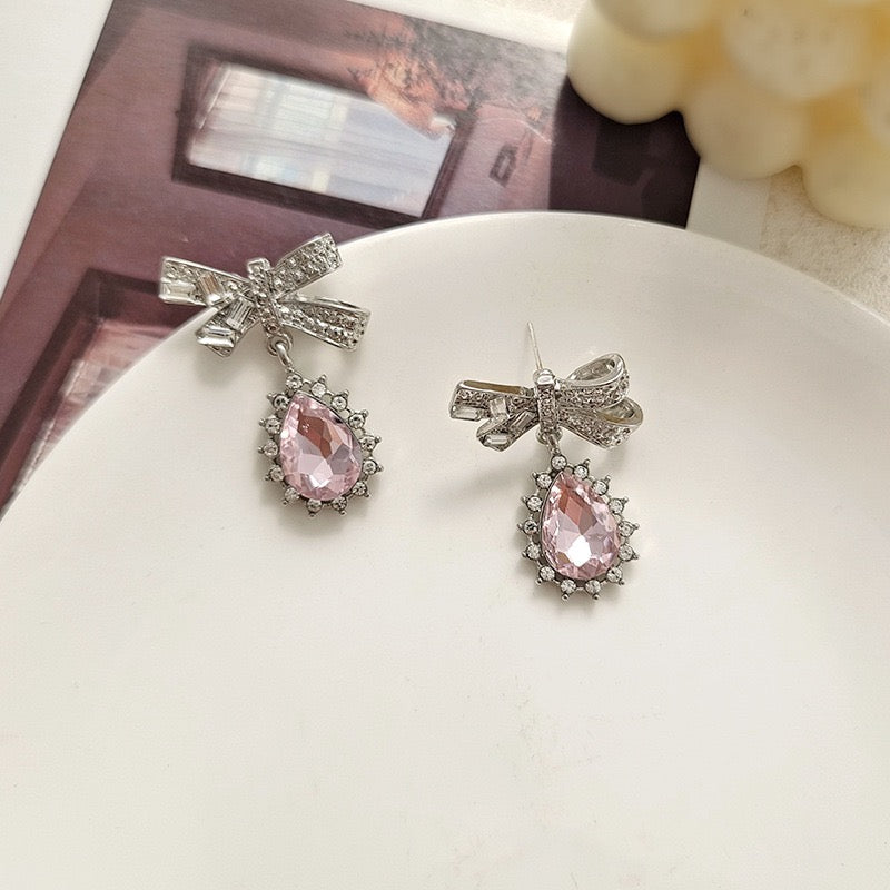 Waterdrop Shaped Zircon & Bow Pierced|Clip Earring