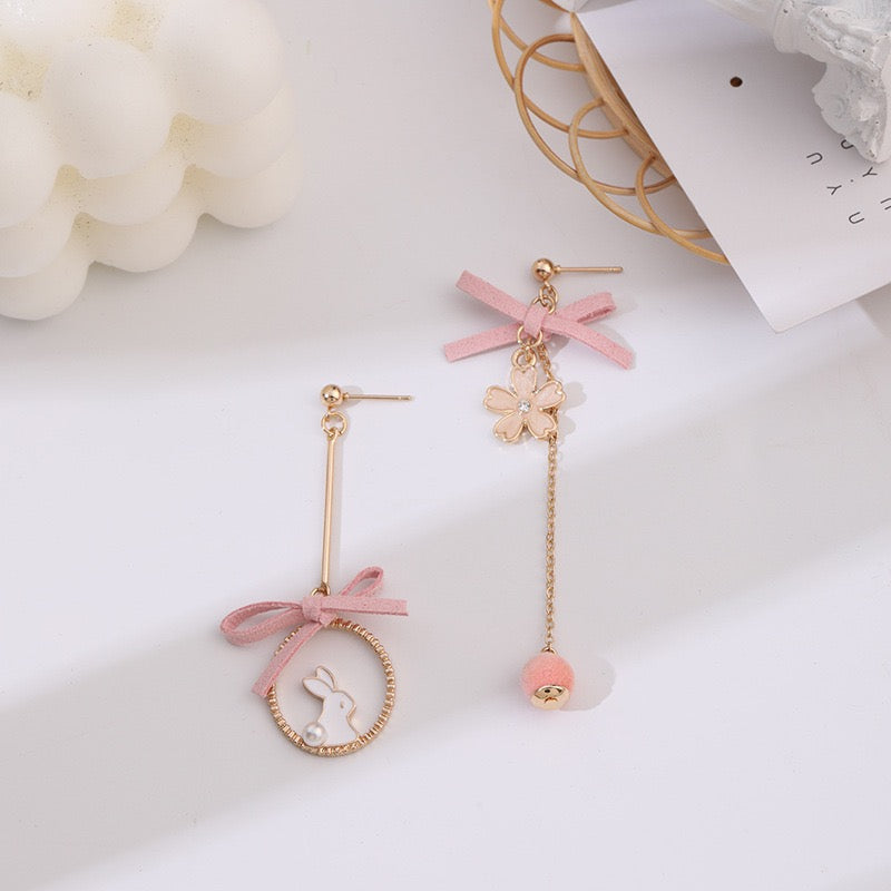 Pink Flower Bow & Cute Rabbit Asymmetrical Pierced|Clip Earring