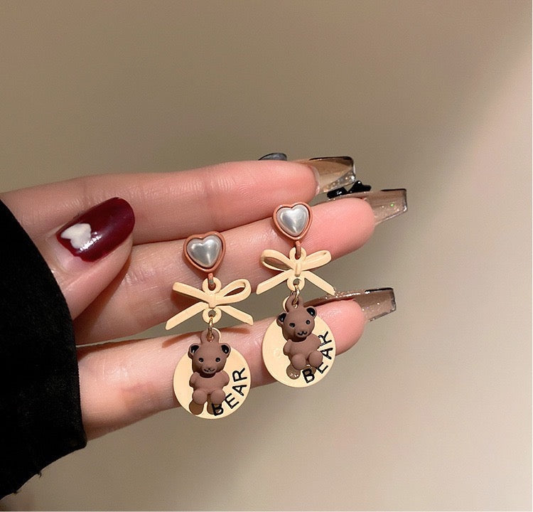 Cute Light Brown Heart Bear Bow Pierced|Clip Earring