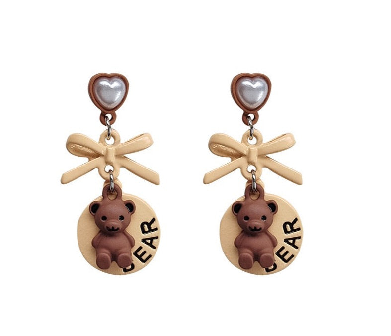 Cute Light Brown Heart Bear Bow Pierced|Clip Earring