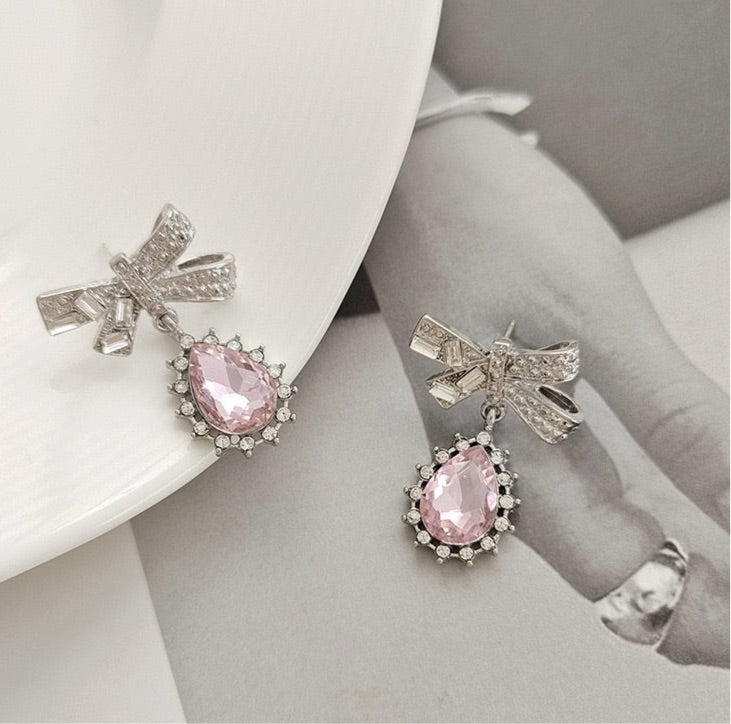 Waterdrop Shaped Zircon & Bow Pierced|Clip Earring
