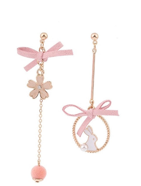 Pink Flower Bow & Cute Rabbit Asymmetrical Pierced|Clip Earring