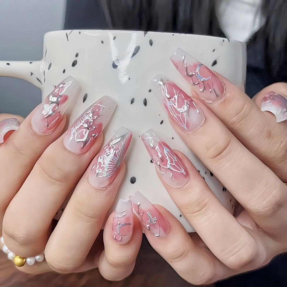 【Hand made】White & Pink Gradient with Silver Design Nails