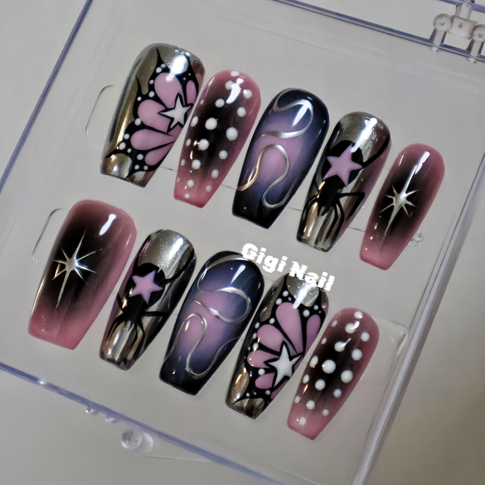 【Custom】 Pink & Black Airbrush Butterfly Spider Press-on Nails