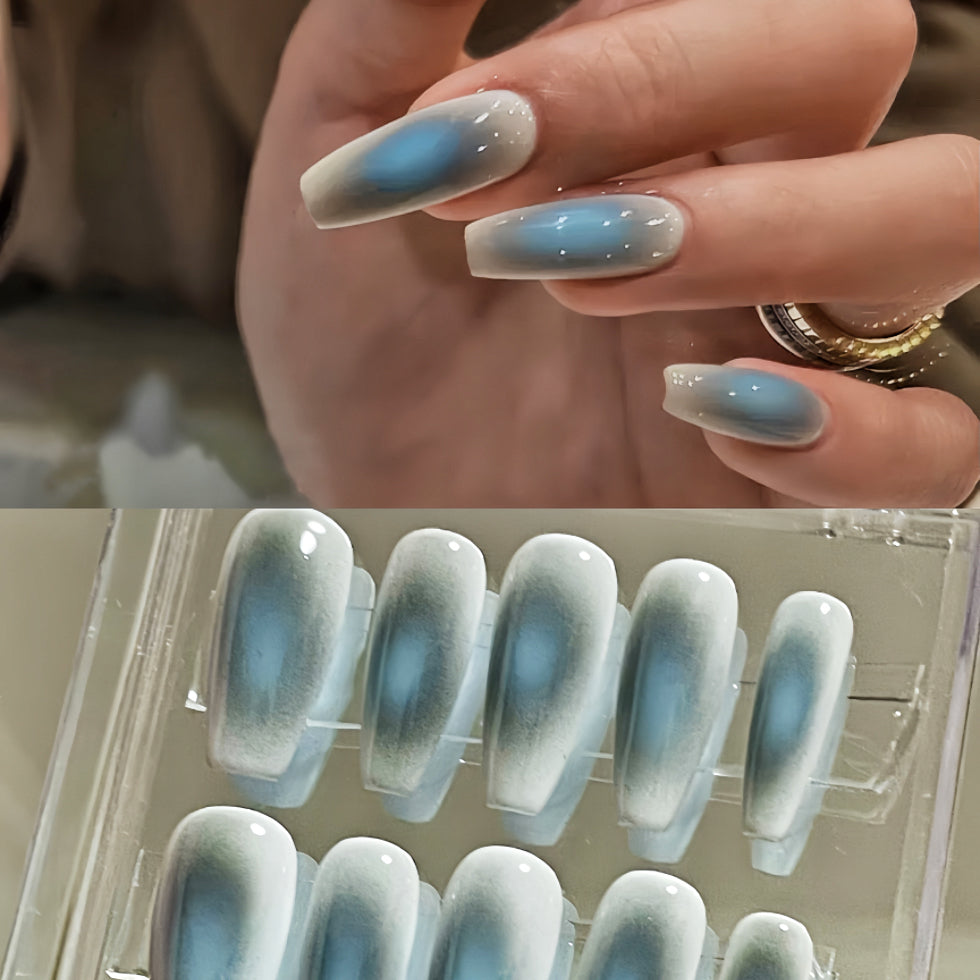 【Custom】 White-Blue Nail Art ｜Airbrush Nails｜Nail Art | Press-on Nails