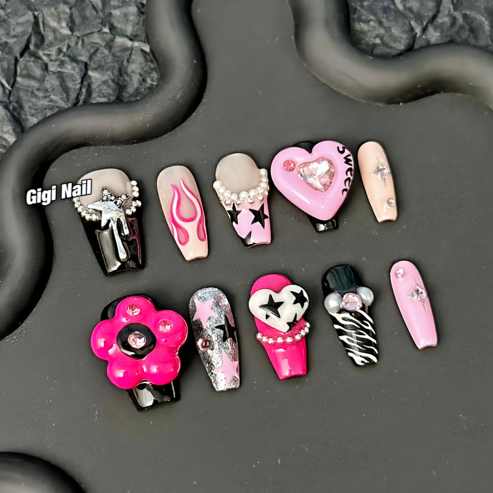 【Custom】Pink Heart & Silver Star POP Nails