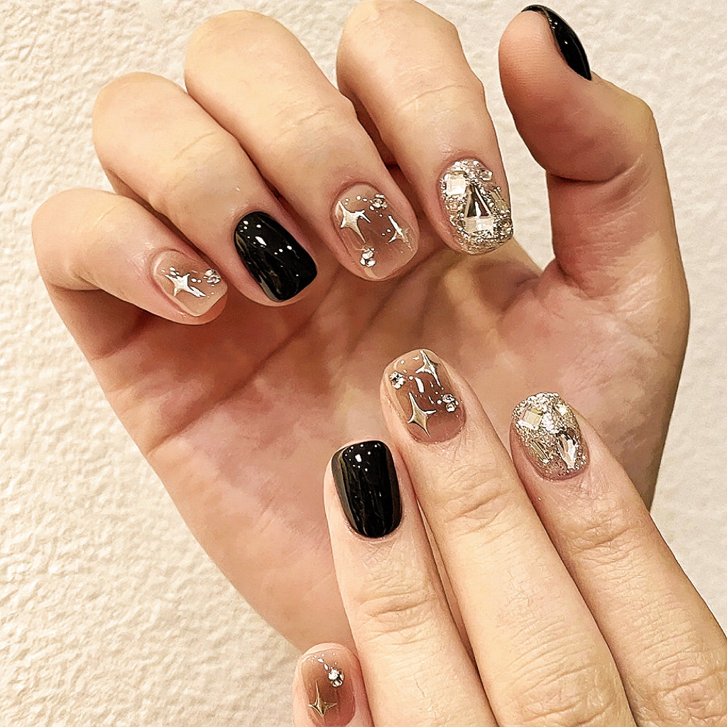 【Hand made】Black And Pink Sparkle Cross Star Short Nails