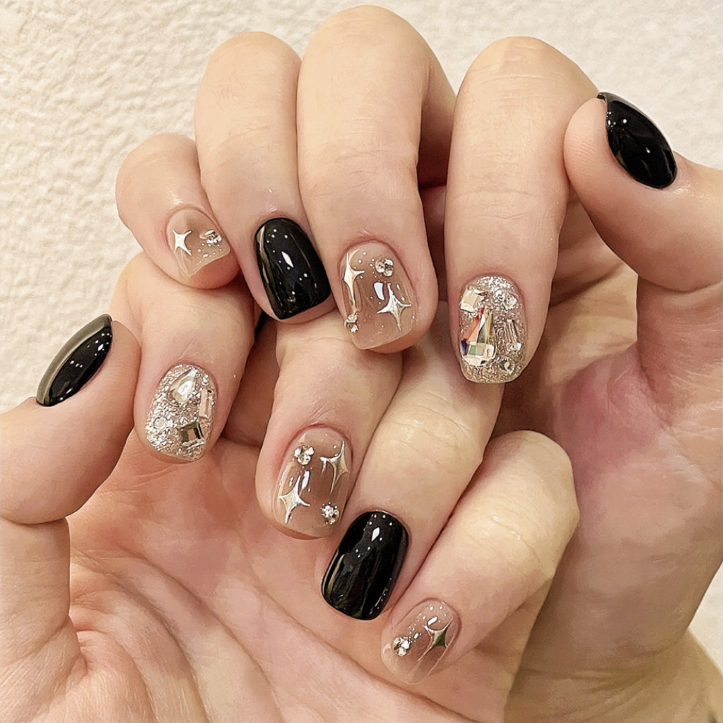 【Hand made】Black And Pink Sparkle Cross Star Short Nails