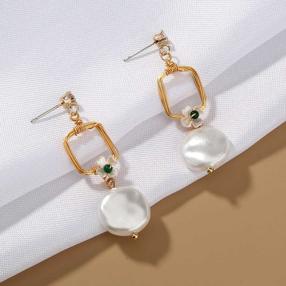 Flower Charm Square Drop FAUX Pearl Earring