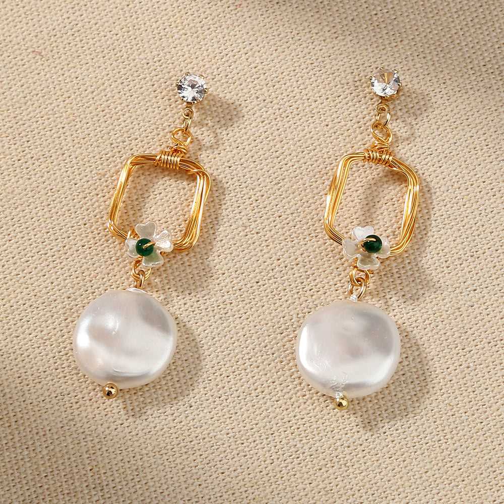 Flower Charm Square Drop FAUX Pearl Earring