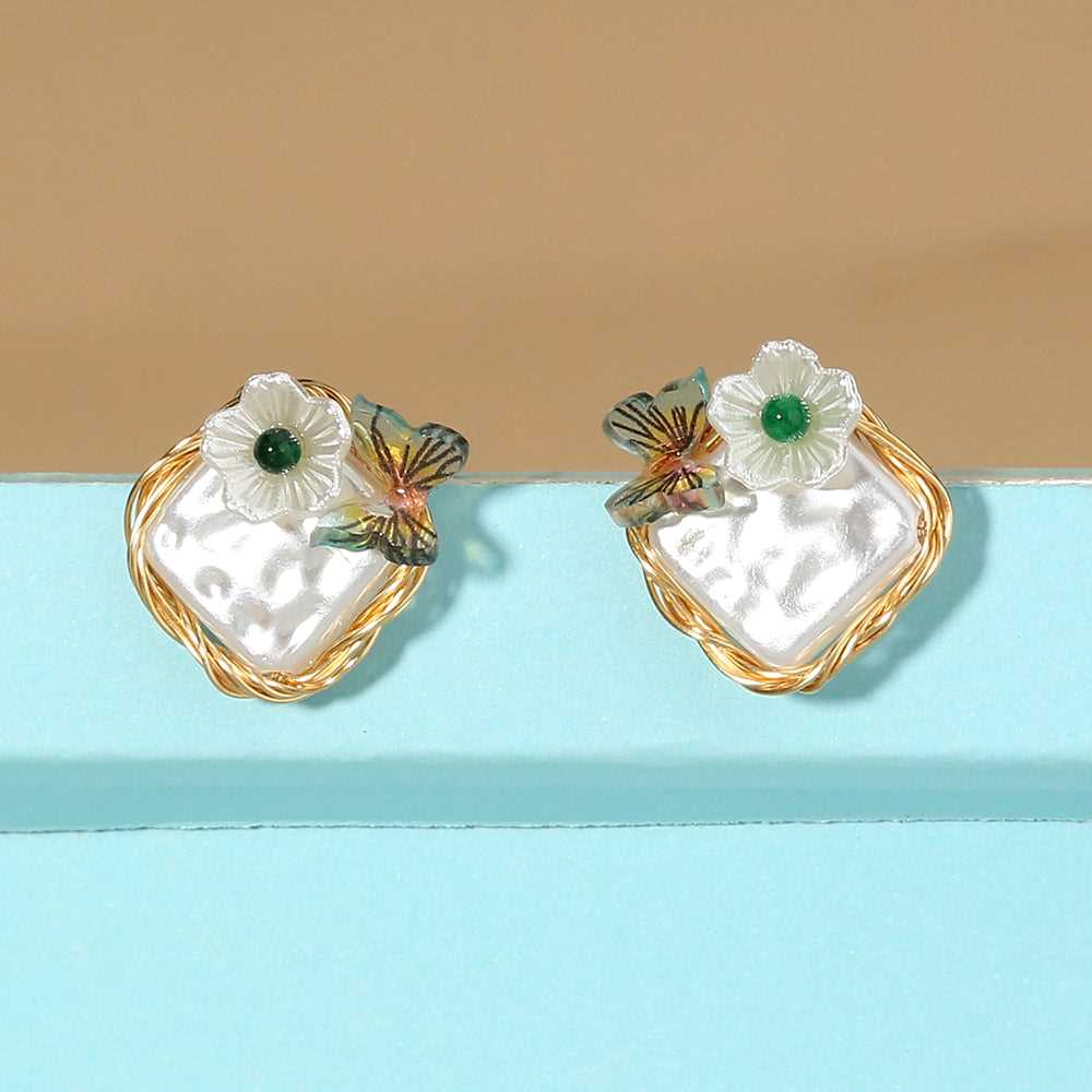 Flower & Butterfly Charm Design FAUX Pearl Stud Earrings