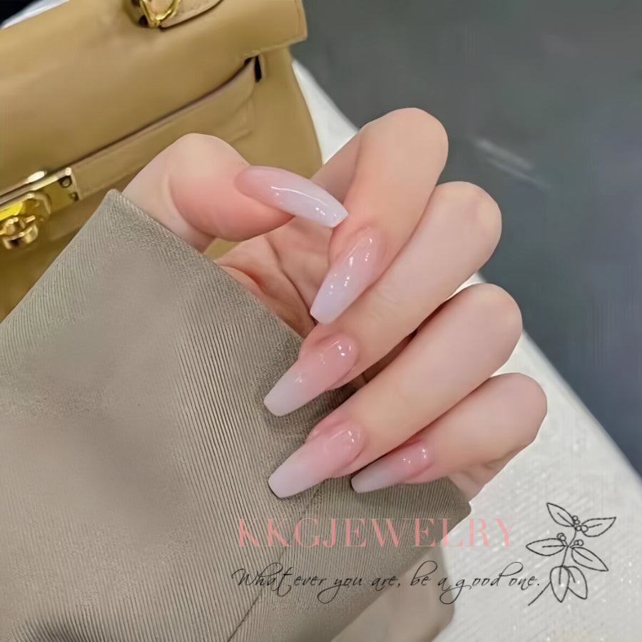 【Hand made】 Elegant Nude Ombre Design Coffin False Nails