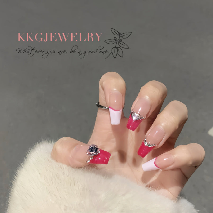 【Hand made】Sexy Pink Coffin False Nails Heart Decor