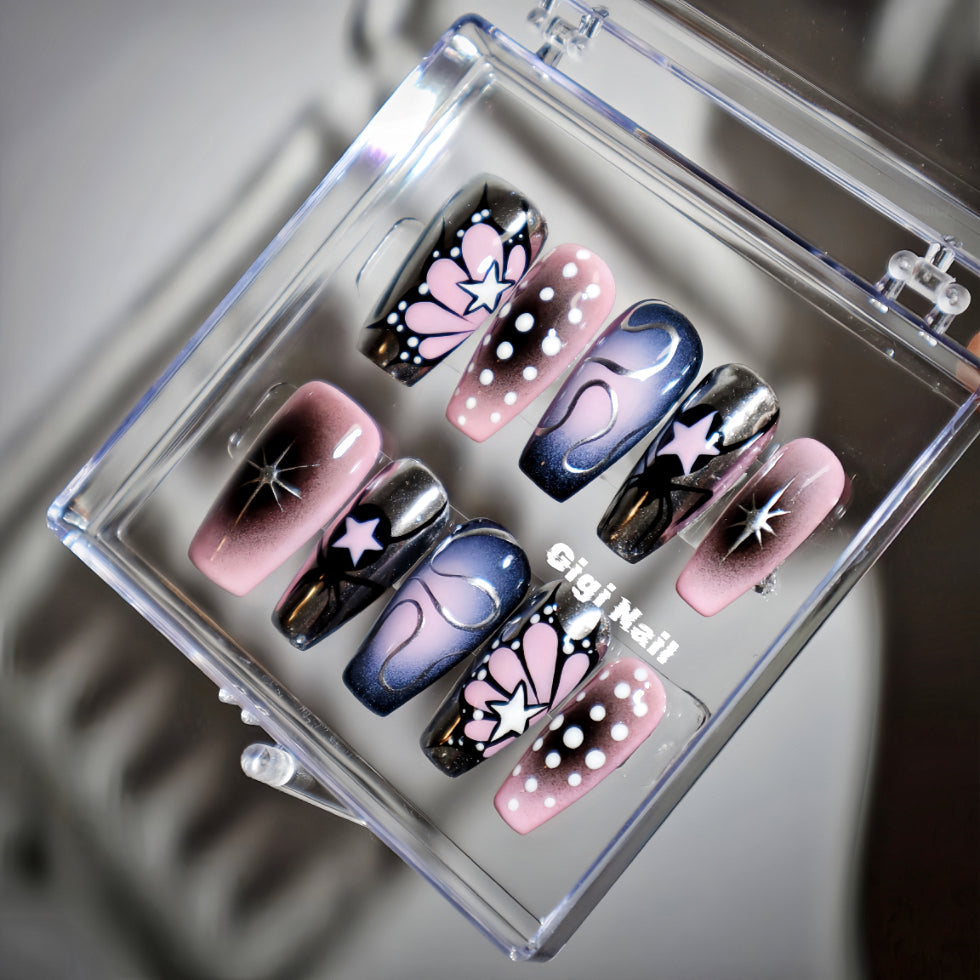 【Custom】 Pink & Black Airbrush Butterfly Spider Press-on Nails