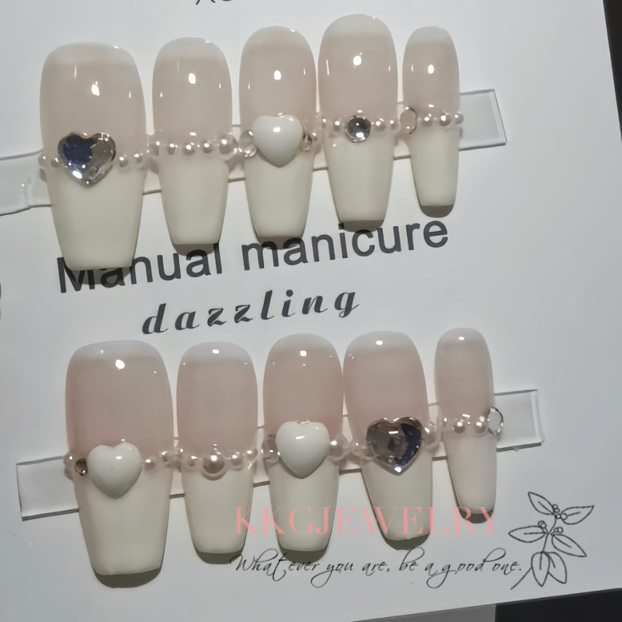 【Hand made】 Nude White Coffin False Nails and Heart Decor