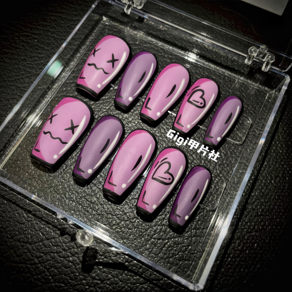 【Custom】 Pink Cartoon Style｜Hand-Painted Doodle｜Nail Art | Press-on Nails