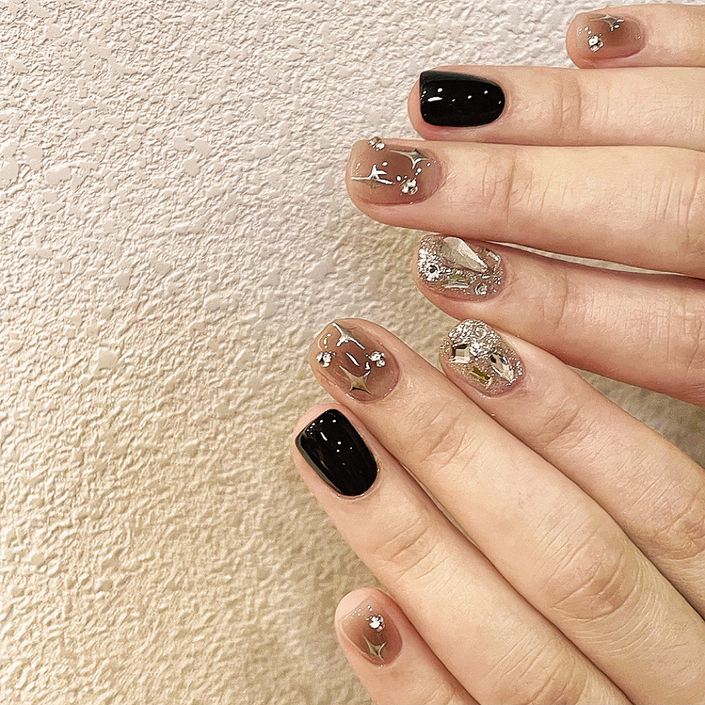 【Hand made】Black And Pink Sparkle Cross Star Short Nails