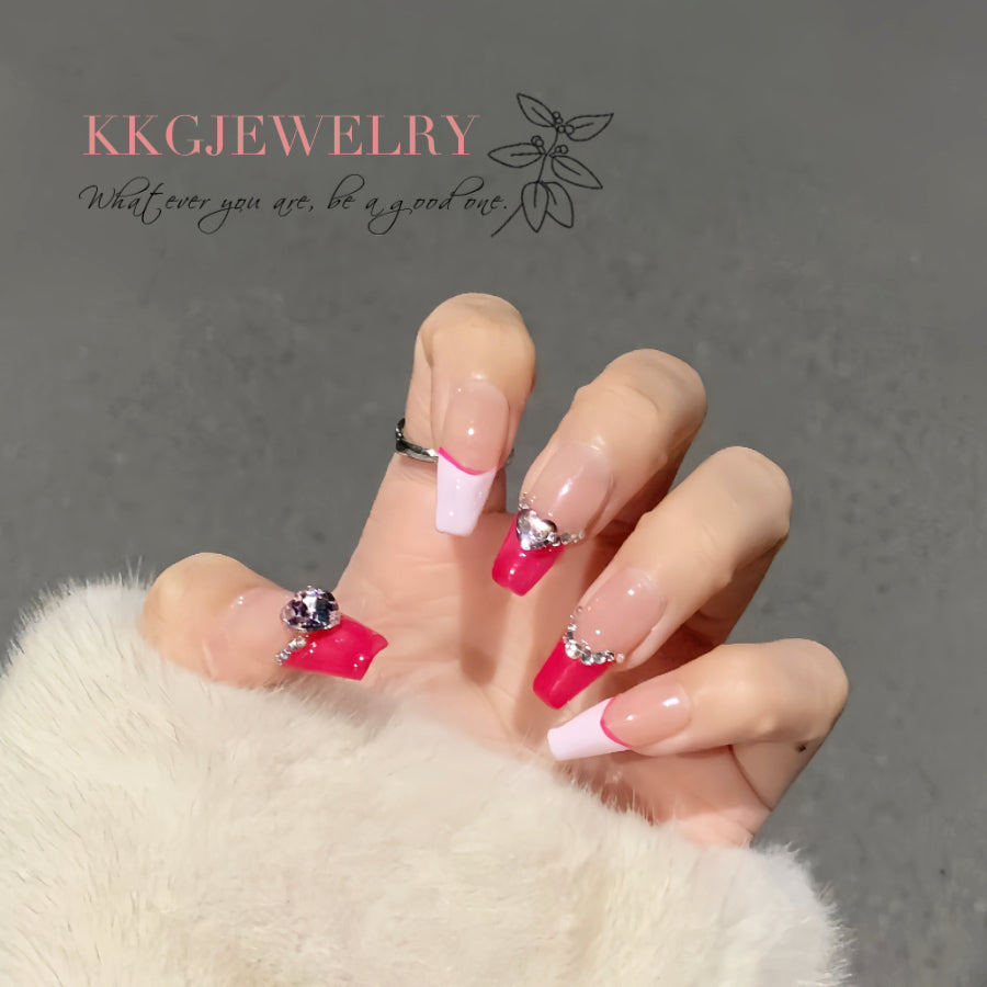 【Hand made】Sexy Pink Coffin False Nails Heart Decor