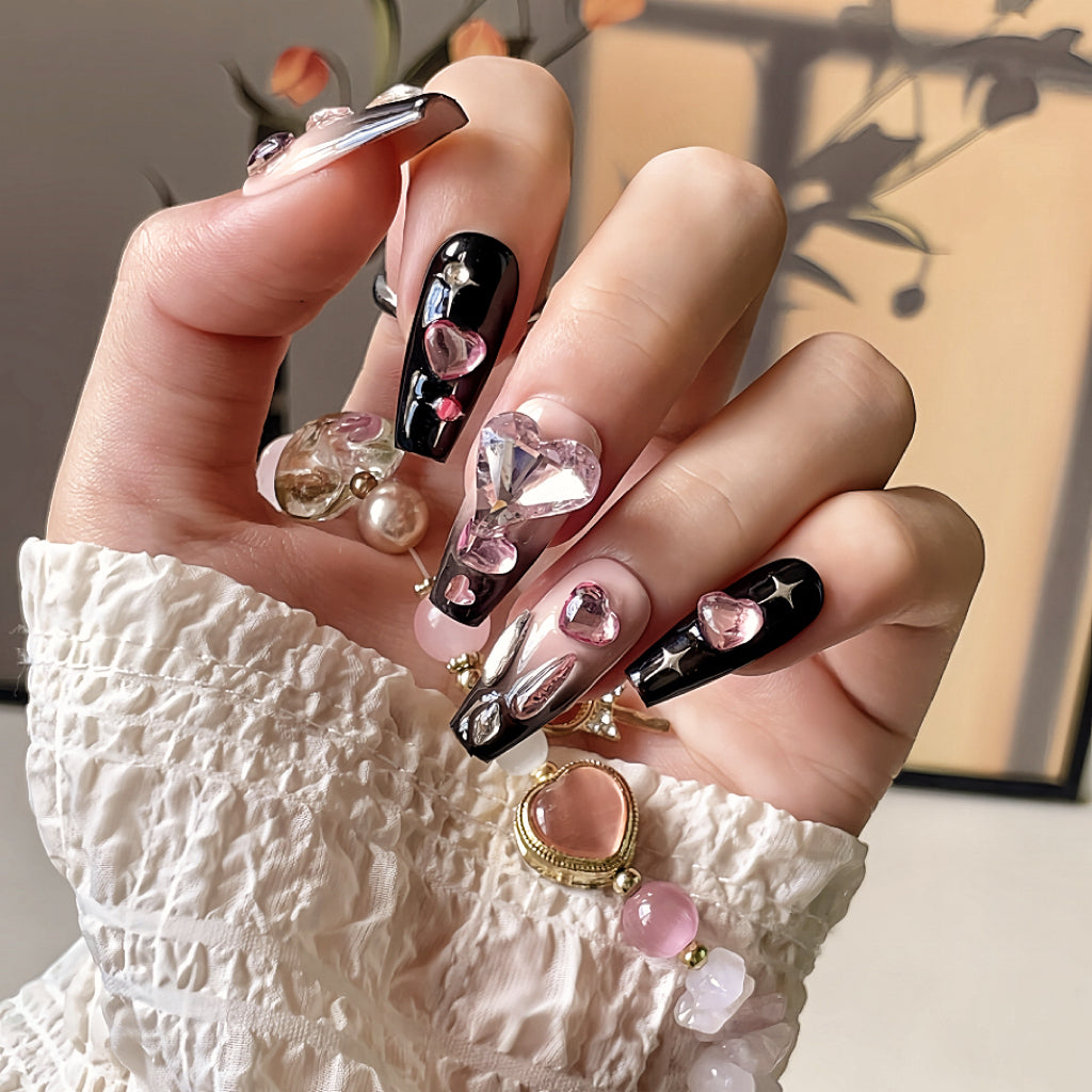 【Hand made】 Black & Pink Heart Crystal Style False Nail