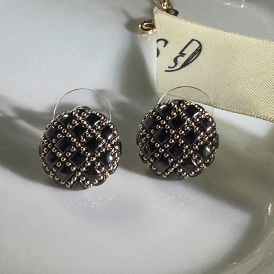 Black Circle Grid Stud Earrings