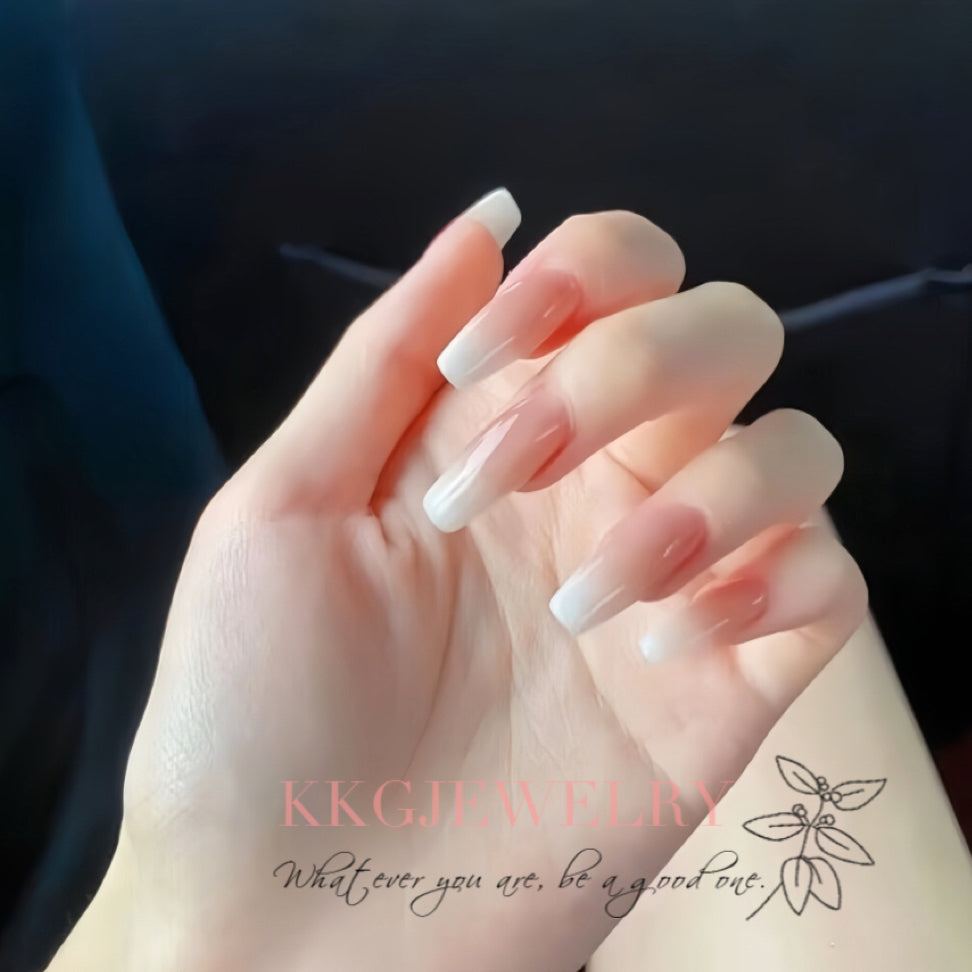 【Hand made】 Elegant Nude Ombre Design Coffin False Nails