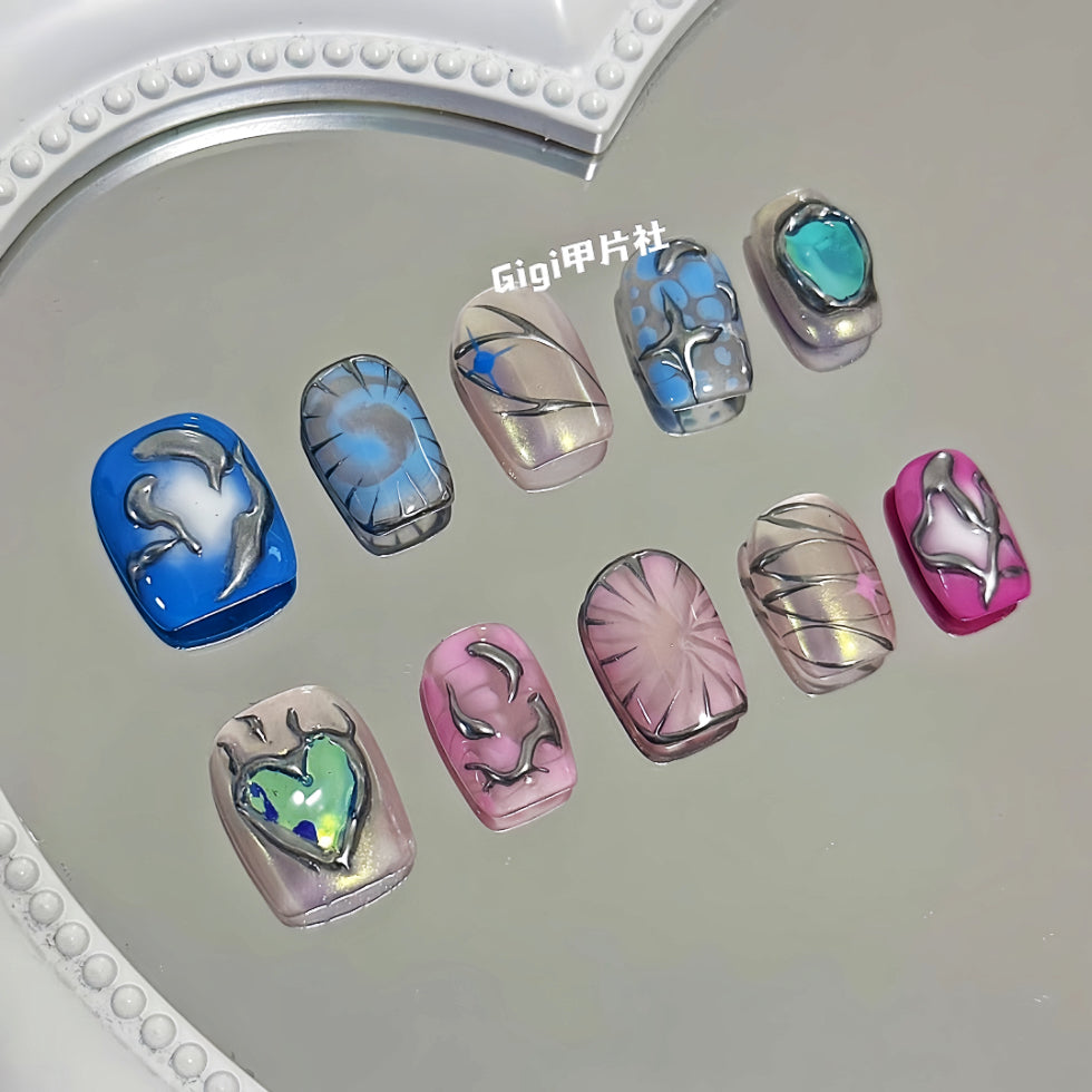 【Custom】Blue Heart & Pink Sparkle Patch Glue Nails