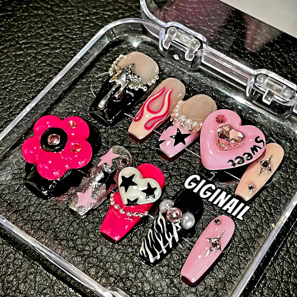 【Custom】Pink Heart & Silver Star POP Nails