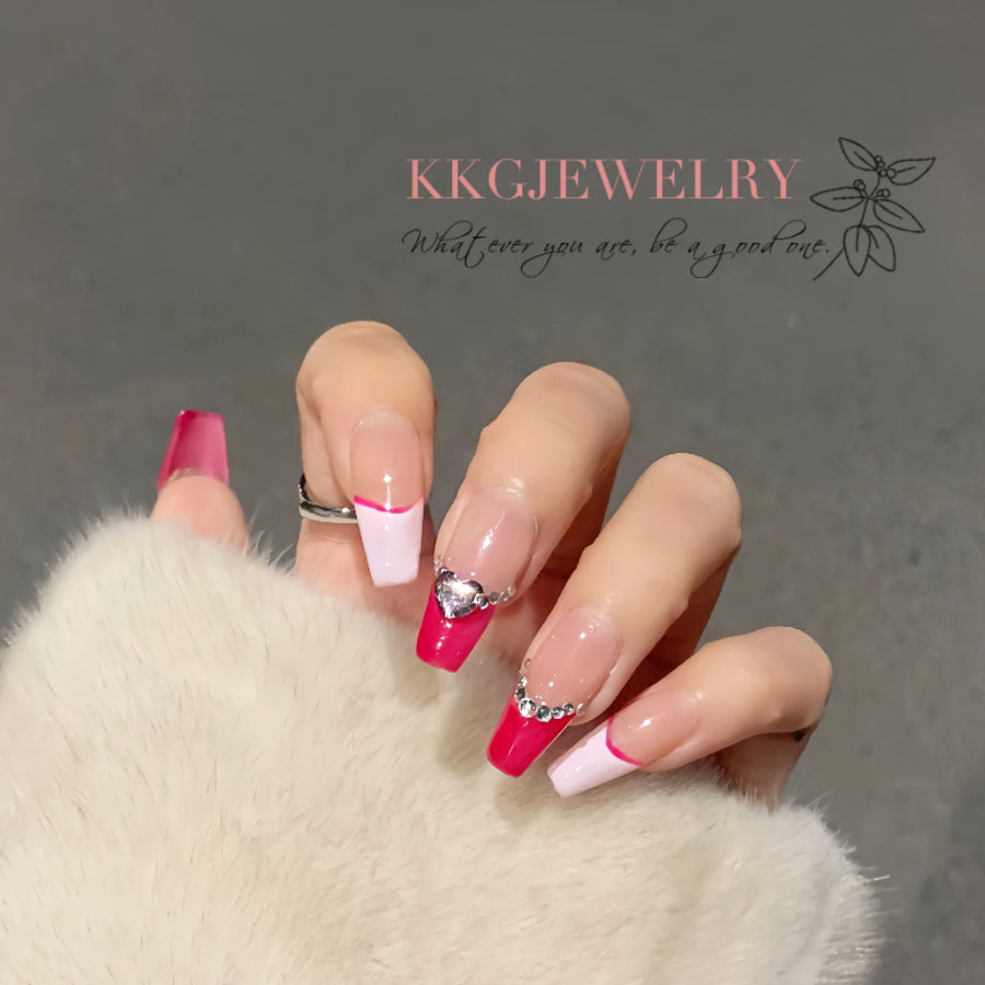 【Hand made】Sexy Pink Coffin False Nails Heart Decor