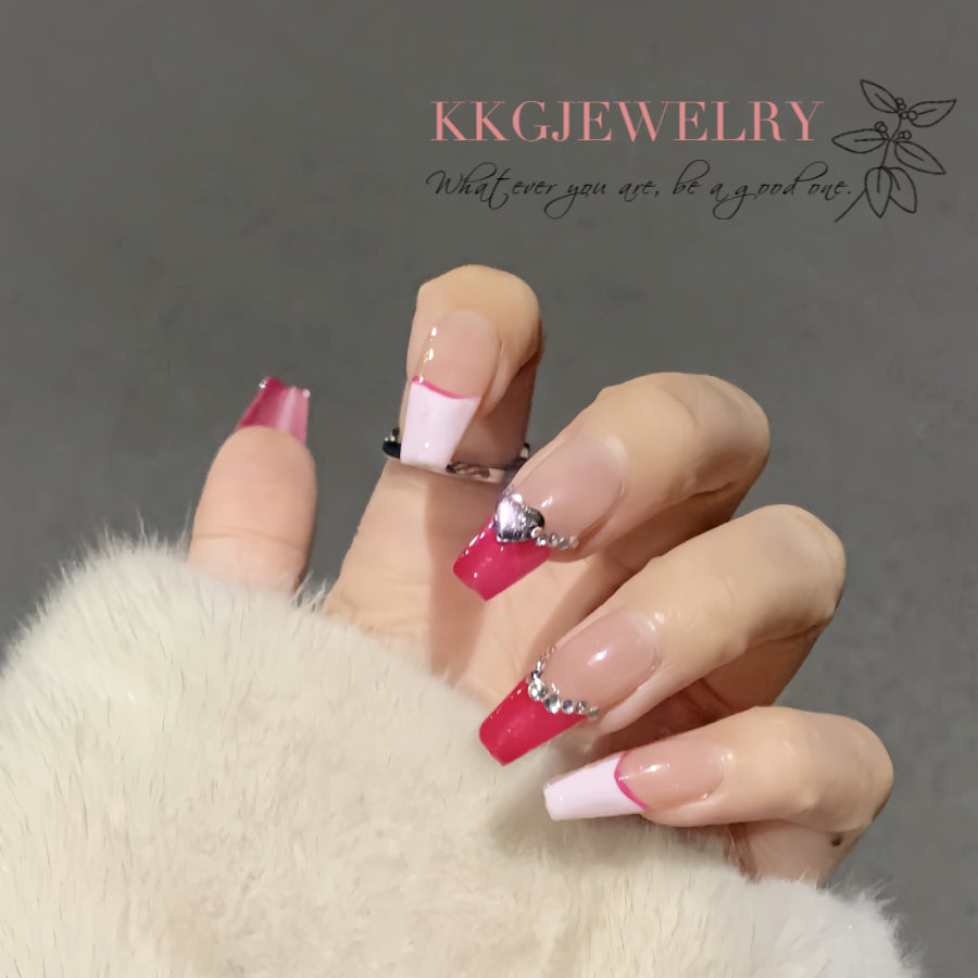 【Hand made】Sexy Pink Coffin False Nails Heart Decor