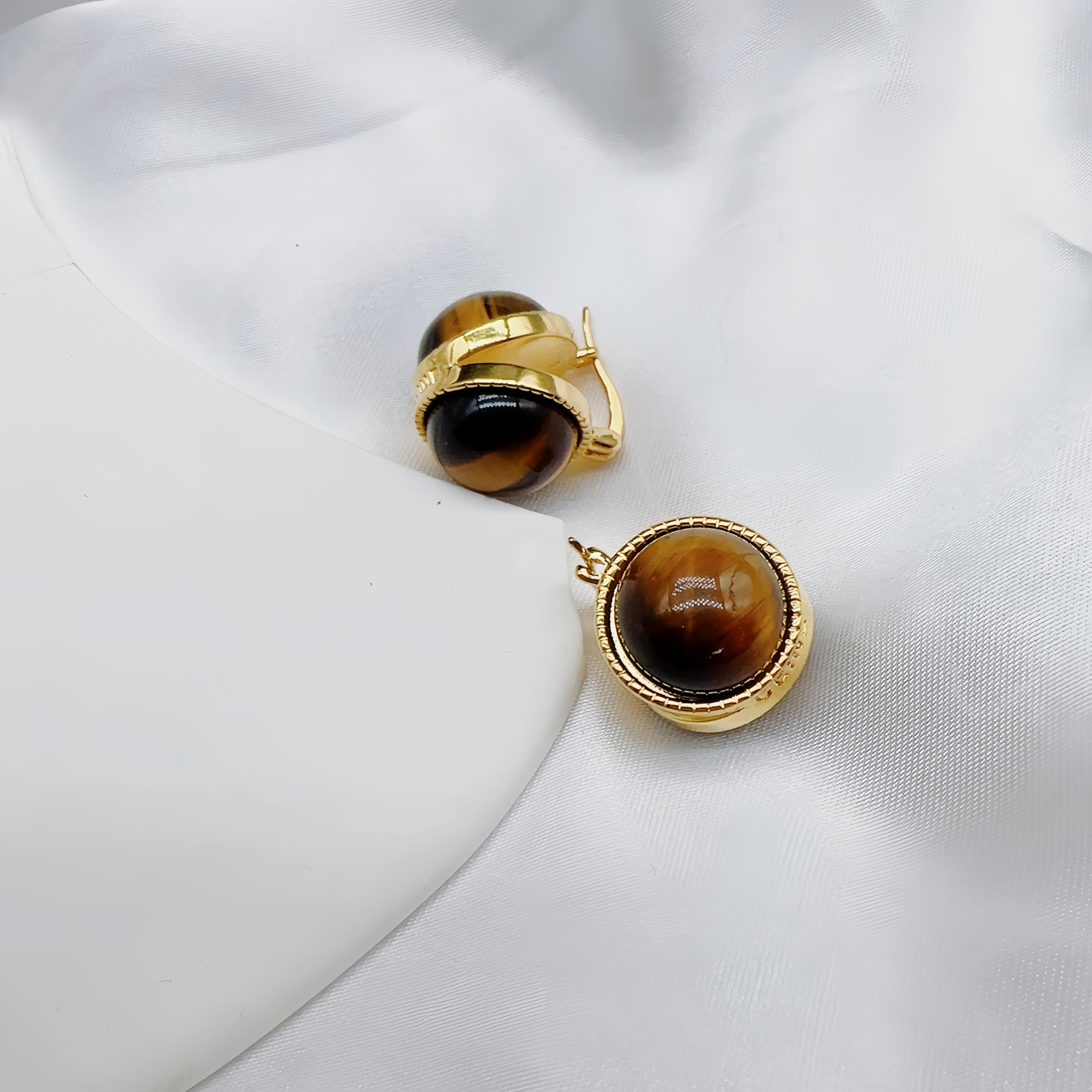 Golden Round Natural Tiger's Eye Stone Earrings
