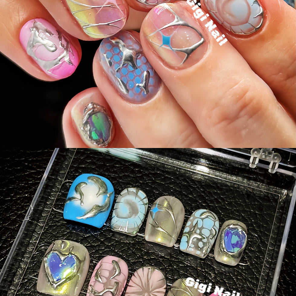 【Custom】Blue Heart & Pink Sparkle Patch Glue Nails