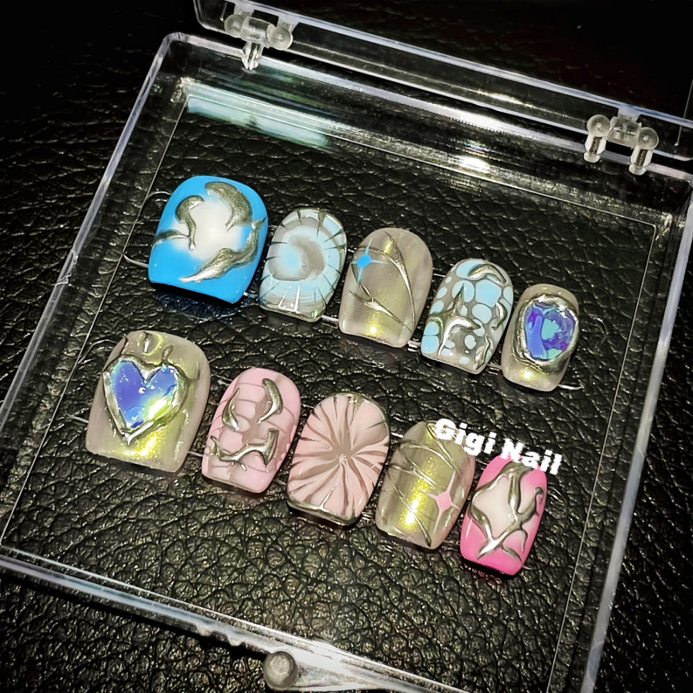 【Custom】Blue Heart & Pink Sparkle Patch Glue Nails