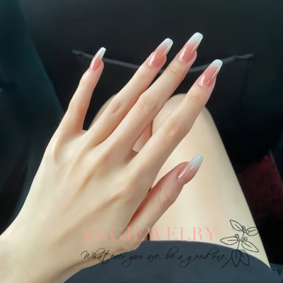 【Hand made】 Elegant Nude Ombre Design Coffin False Nails