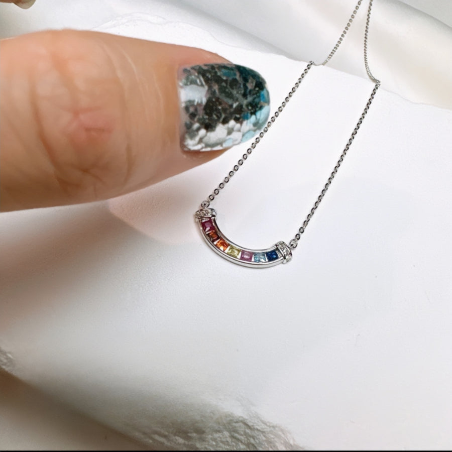 Silver Inlaid Zircon Rainbow Dainty Curved Bar Necklace