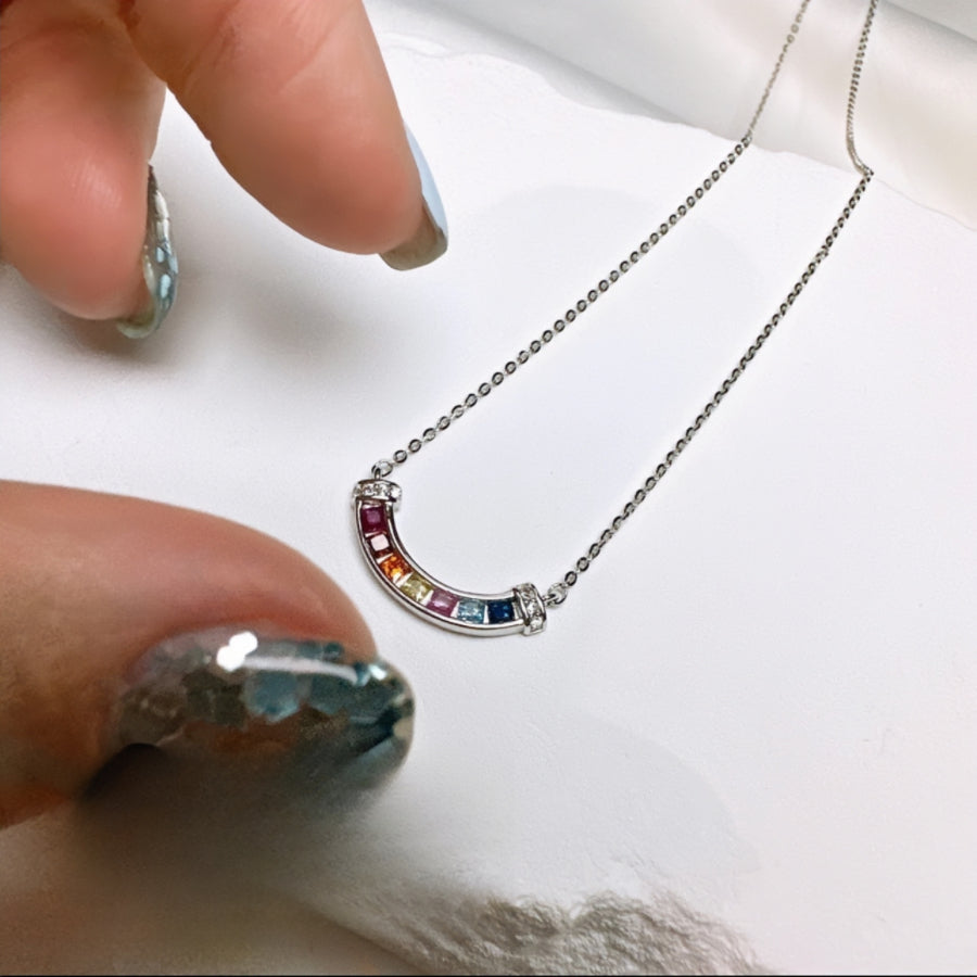 Silver Inlaid Zircon Rainbow Dainty Curved Bar Necklace