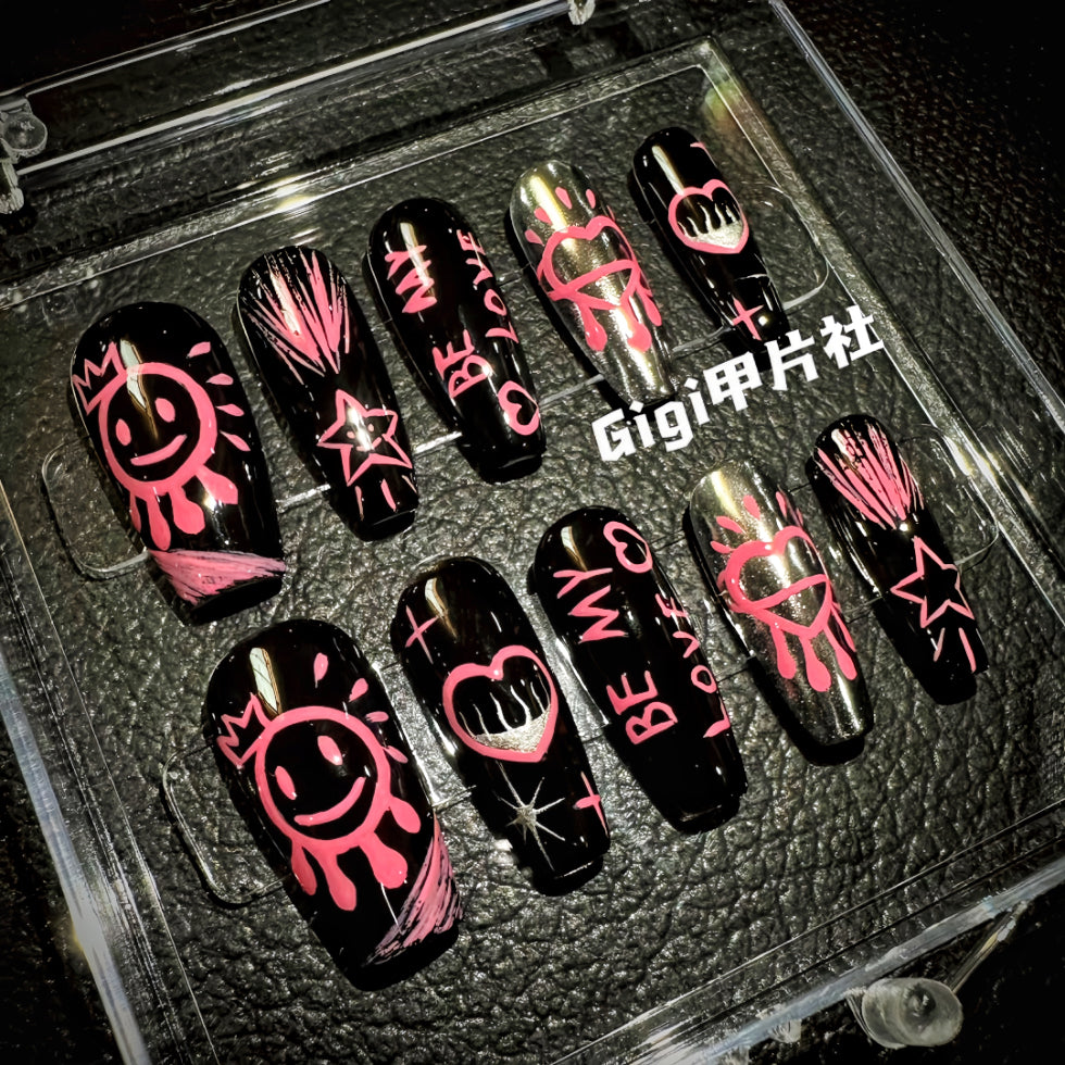 【Custom】Black & Pink/White Cute Graffiti Nails