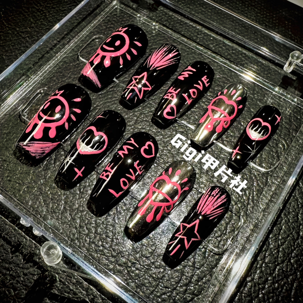 【Custom】Black & Pink/White Cute Graffiti Nails