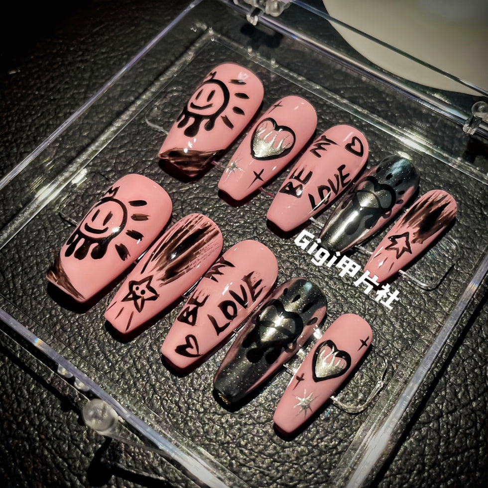 【Custom】Black & Pink/White Cute Graffiti Nails