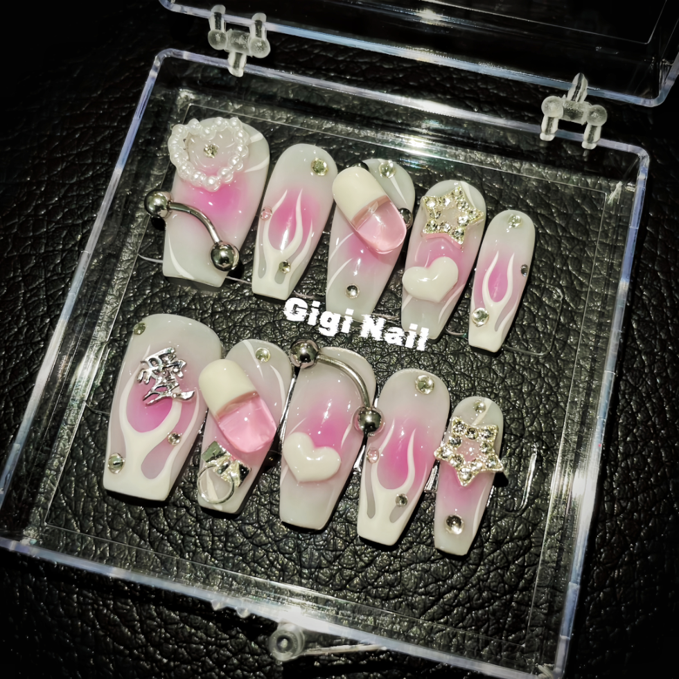 【Custom】 Flame & Pill ｜Pink Airbrush｜Press-on Nails
