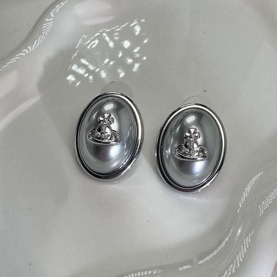 Silver Oval Planet Earrings