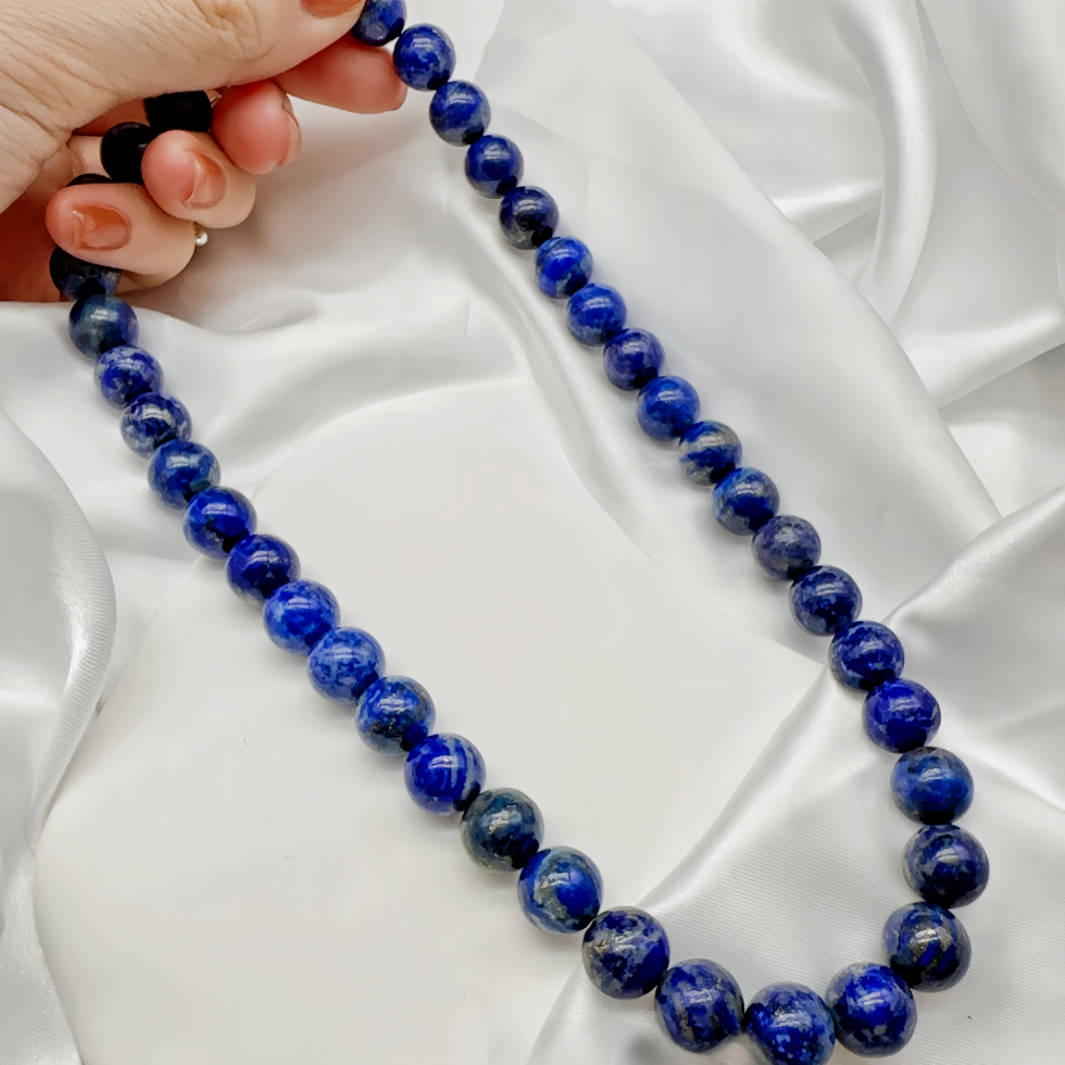 10mm S925 Silver Brazil Deep Blue Natural Stone With Silk Necklace