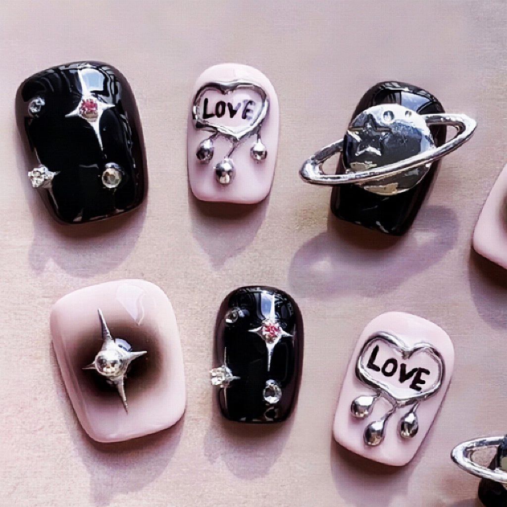 【Hand made】 Black And Pink Planet Love False Nails