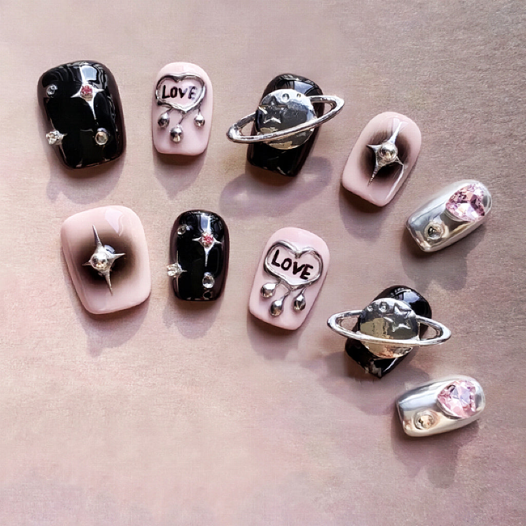 【Hand made】 Black And Pink Planet Love False Nails