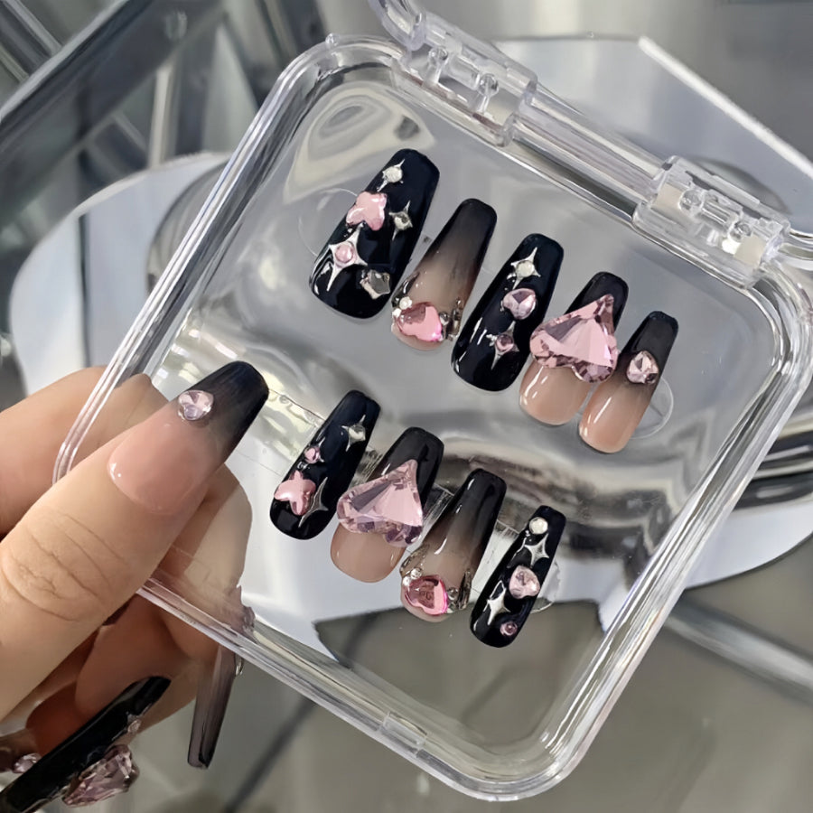 【Hand made】 Black Pink Ombre False Nails