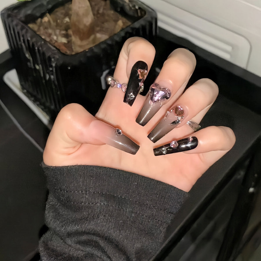 【Hand made】 Black Pink Ombre False Nails