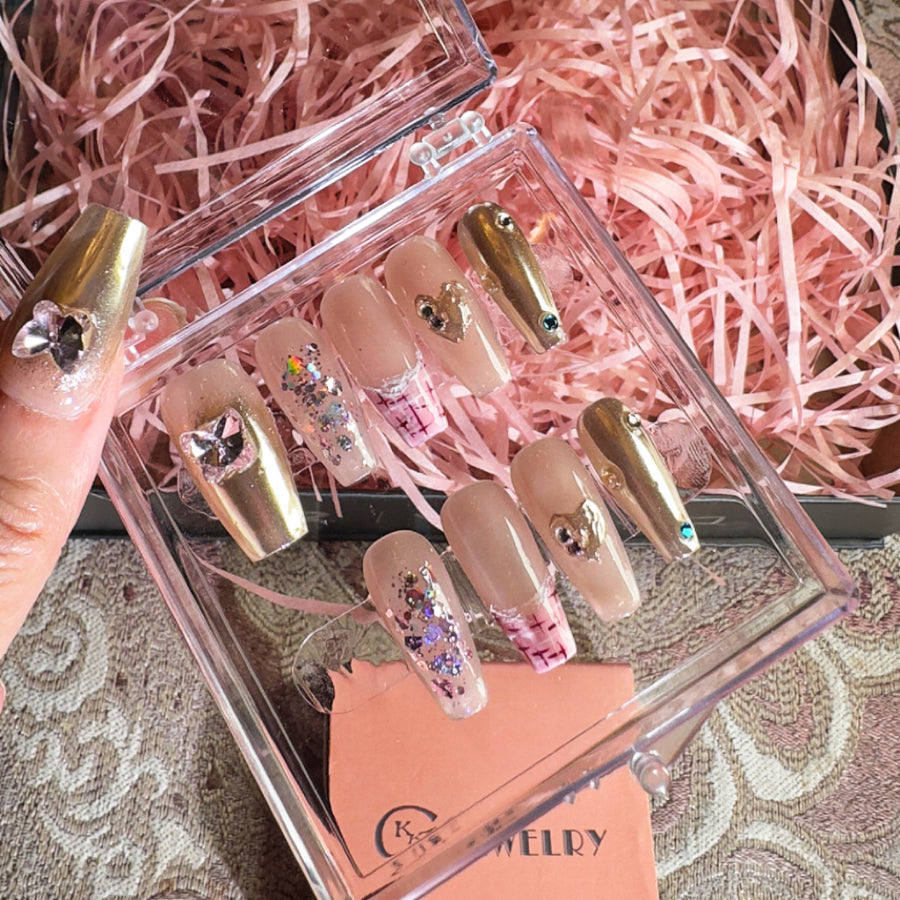 【Hand made】 Silver Heart and Pink Gem Nude Nails