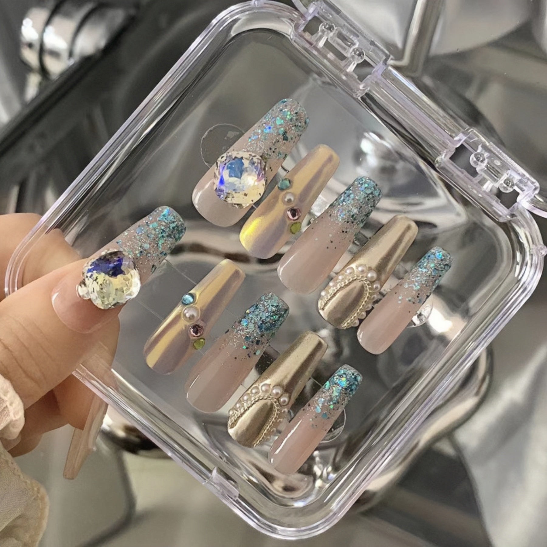 【Hand made】 Blue Stardust and Pearl Press-on Nails