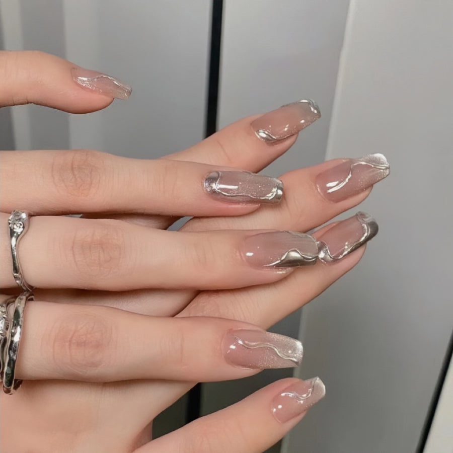 【Hand made】 Silver Gentle Ombre Press-On Nails