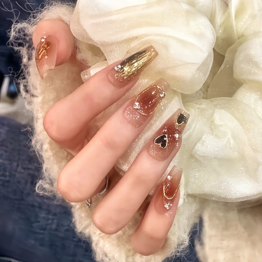 【Hand made】Gold & Black Heart Graceful Press-on Nude Nails