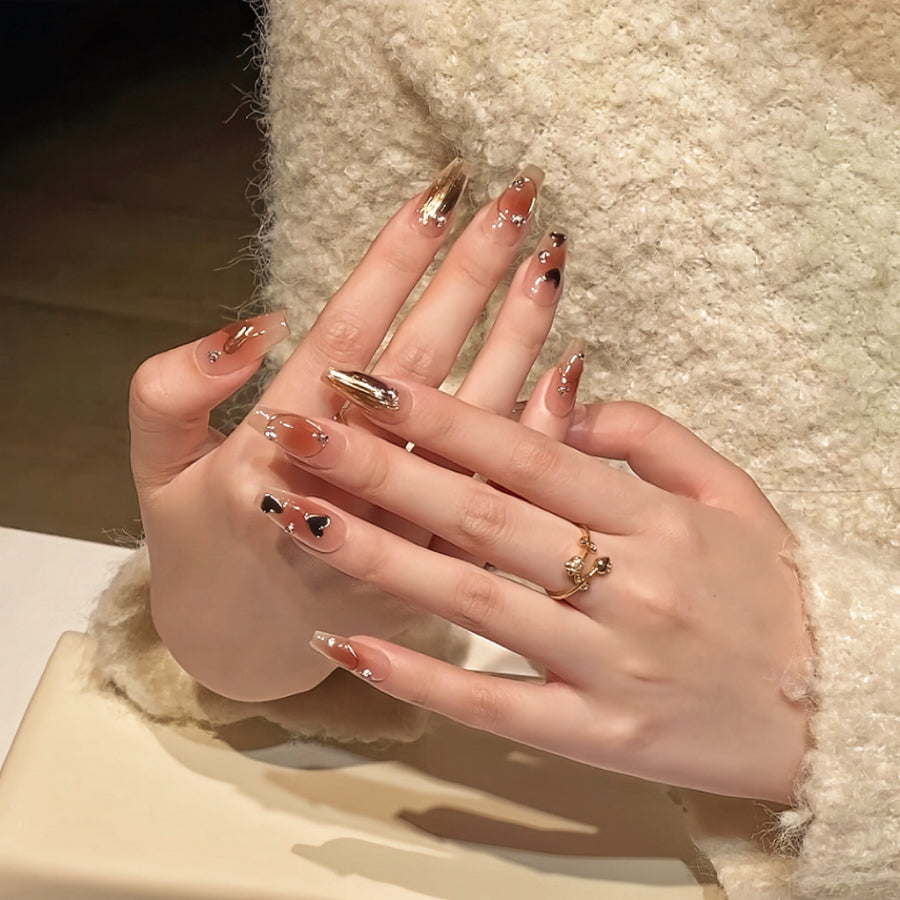 【Hand made】Gold & Black Heart Graceful Press-on Nude Nails